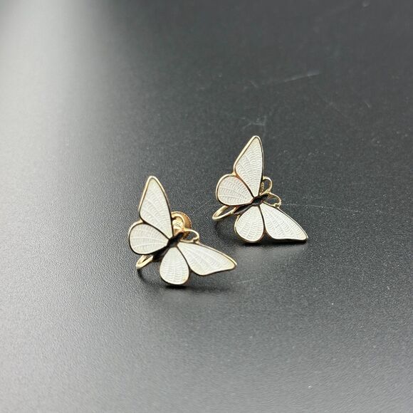 Vintage Silver-tone White Black Guilloche Enamel Butterfly Earrings Screw Back - Picture 7 of 10